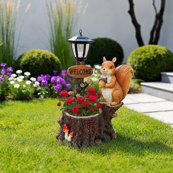 English Elm Cute Squirrel Polyresin Garden Planter with Vintage Lantern Whimsical Patio Accent W5398P487667