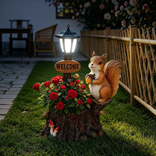 English Elm Cute Squirrel Polyresin Garden Planter with Vintage Lantern Whimsical Patio Accent W5398P487667