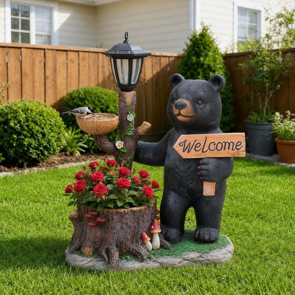 English Elm Decorative Polyresin Black Bear Solar Lantern Planter for Outdoor Garden Lawn W5398P487668