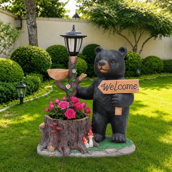 English Elm Decorative Polyresin Black Bear Solar Lantern Planter for Outdoor Garden Lawn W5398P487668