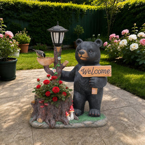 English Elm Decorative Polyresin Black Bear Solar Lantern Planter for Outdoor Garden Lawn W5398P487668