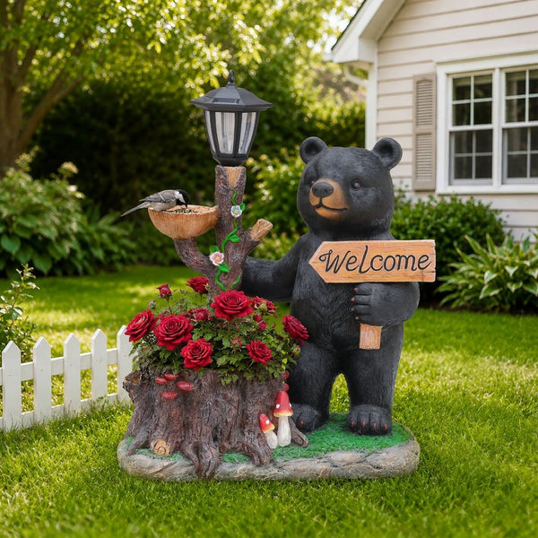 English Elm Decorative Polyresin Black Bear Solar Lantern Planter for Outdoor Garden Lawn W5398P487668