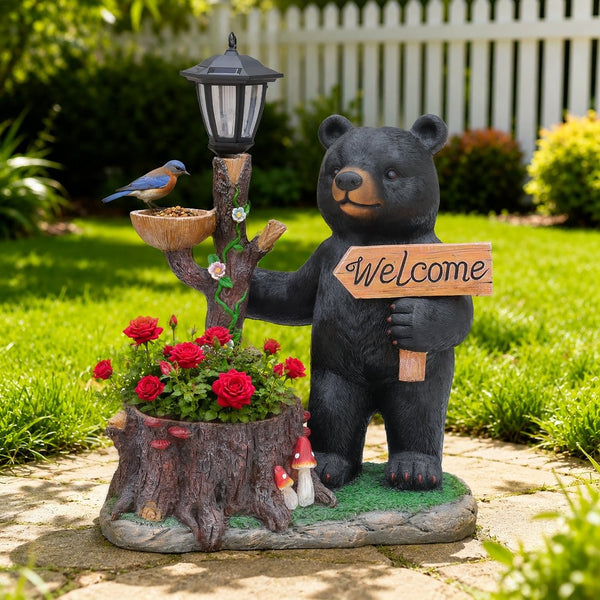 English Elm Decorative Polyresin Black Bear Solar Lantern Planter for Outdoor Garden Lawn W5398P487668