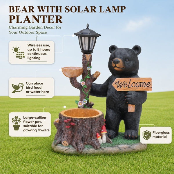 English Elm Decorative Polyresin Black Bear Solar Lantern Planter for Outdoor Garden Lawn W5398P487668