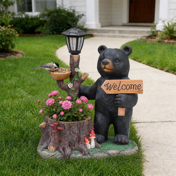 English Elm Decorative Polyresin Black Bear Solar Lantern Planter for Outdoor Garden Lawn W5398P487668