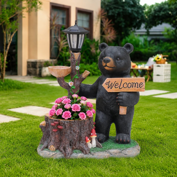 English Elm Decorative Polyresin Black Bear Solar Lantern Planter for Outdoor Garden Lawn W5398P487668