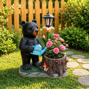 English Elm Standing Bear Polyresin Outdoor Planter with Solar Lantern for Rustic Porch Decor W5398P487669
