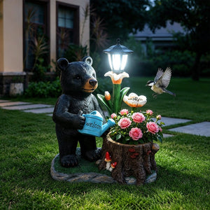 English Elm Standing Bear Polyresin Outdoor Planter with Solar Lantern for Rustic Porch Decor W5398P487669