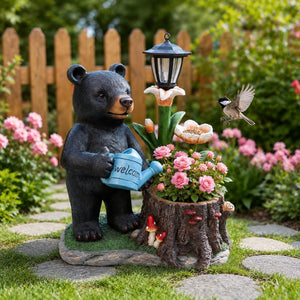 English Elm Standing Bear Polyresin Outdoor Planter with Solar Lantern for Rustic Porch Decor W5398P487669