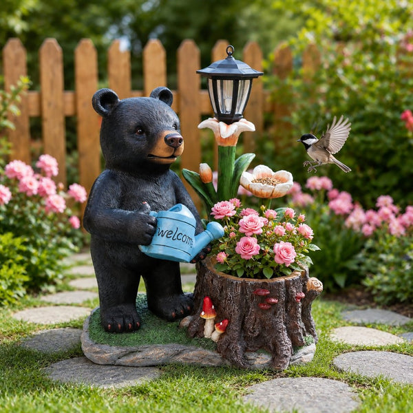 English Elm Standing Bear Polyresin Outdoor Planter with Solar Lantern for Rustic Porch Decor W5398P487669