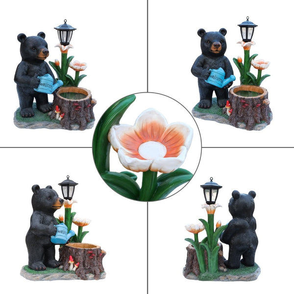 English Elm Standing Bear Polyresin Outdoor Planter with Solar Lantern for Rustic Porch Decor W5398P487669