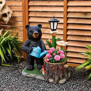 English Elm Standing Bear Polyresin Outdoor Planter with Solar Lantern for Rustic Porch Decor W5398P487669