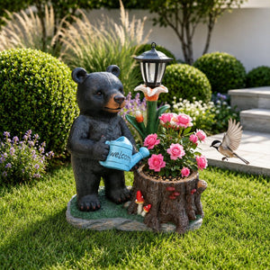 English Elm Standing Bear Polyresin Outdoor Planter with Solar Lantern for Rustic Porch Decor W5398P487669