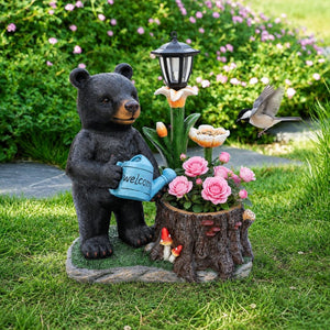 English Elm Standing Bear Polyresin Outdoor Planter with Solar Lantern for Rustic Porch Decor W5398P487669