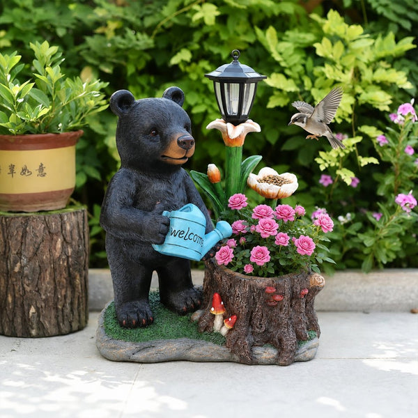 English Elm Standing Bear Polyresin Outdoor Planter with Solar Lantern for Rustic Porch Decor W5398P487669