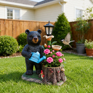 English Elm Standing Bear Polyresin Outdoor Planter with Solar Lantern for Rustic Porch Decor W5398P487669