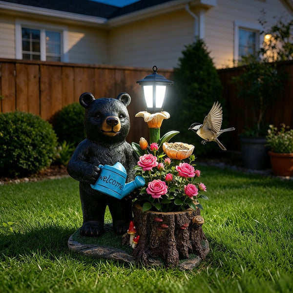 English Elm Standing Bear Polyresin Outdoor Planter with Solar Lantern for Rustic Porch Decor W5398P487669