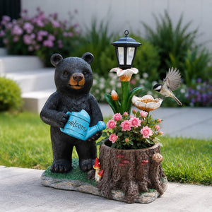 English Elm Standing Bear Polyresin Outdoor Planter with Solar Lantern for Rustic Porch Decor W5398P487669