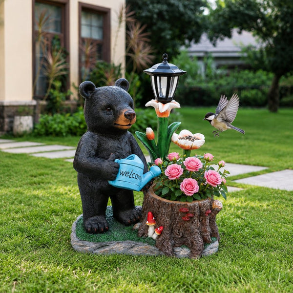 English Elm Standing Bear Polyresin Outdoor Planter with Solar Lantern for Rustic Porch Decor W5398P487669