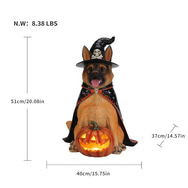 English Elm Halloween German Shepherd Witch Resin Statue with Glowing LED Pumpkin Porch Decor W5398P520245
