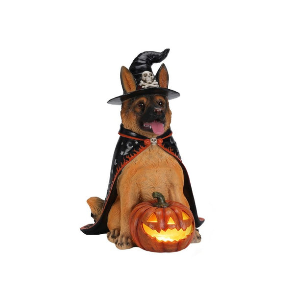 English Elm Halloween German Shepherd Witch Resin Statue with Glowing LED Pumpkin Porch Decor W5398P520245