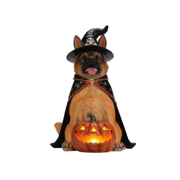 English Elm Halloween German Shepherd Witch Resin Statue with Glowing LED Pumpkin Porch Decor W5398P520245
