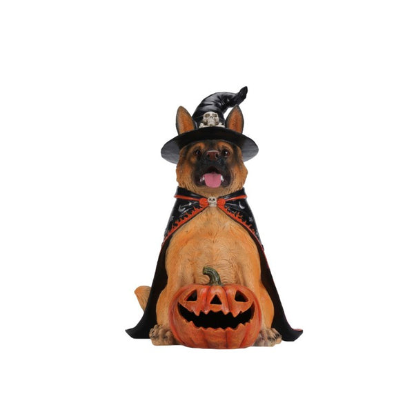 English Elm Halloween German Shepherd Witch Resin Statue with Glowing LED Pumpkin Porch Decor W5398P520245