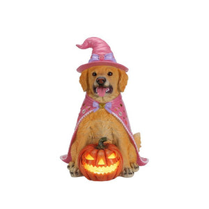 English Elm Halloween Black Lab Resin Dog Statue with Witch Hat and LED Pumpkin Glow Decor Brown+Yellow W5398P520247