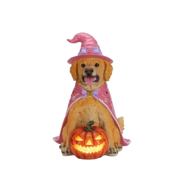 English Elm Halloween Black Lab Resin Dog Statue with Witch Hat and LED Pumpkin Glow Decor Brown+Yellow W5398P520247