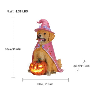English Elm Halloween Black Lab Resin Dog Statue with Witch Hat and LED Pumpkin Glow Decor Brown+Yellow W5398P520247