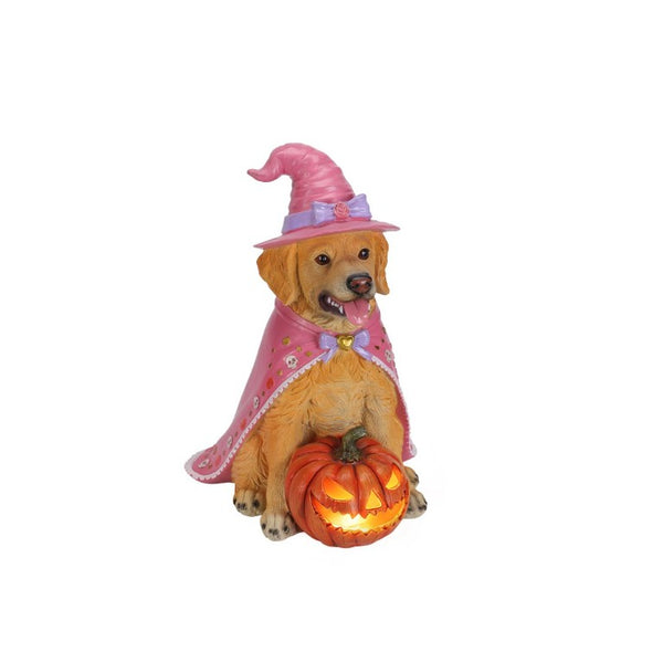 English Elm Halloween Black Lab Resin Dog Statue with Witch Hat and LED Pumpkin Glow Decor Brown+Yellow W5398P520247