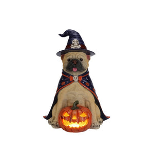 English Elm Halloween Bulldog Witch Sculpture with LED Pumpkin Glow for Porch or Entryway W5398P520248