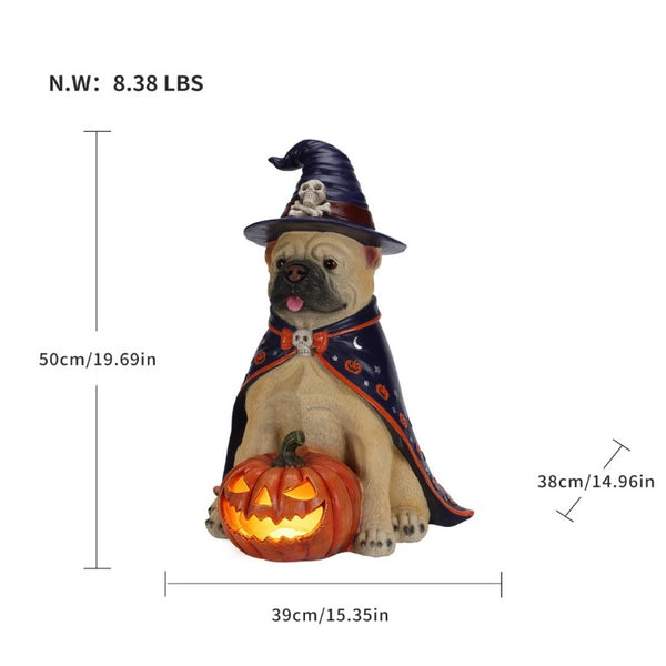 English Elm Halloween Bulldog Witch Sculpture with LED Pumpkin Glow for Porch or Entryway W5398P520248