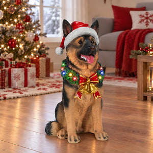 English Elm Lighted German Shepherd Holiday Figurine with LED Wreath Santa Hat and Festive Bells W5398P554212