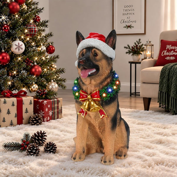 English Elm Lighted German Shepherd Holiday Figurine with LED Wreath Santa Hat and Festive Bells W5398P554212