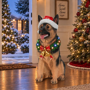 English Elm Lighted German Shepherd Holiday Figurine with LED Wreath Santa Hat and Festive Bells W5398P554212