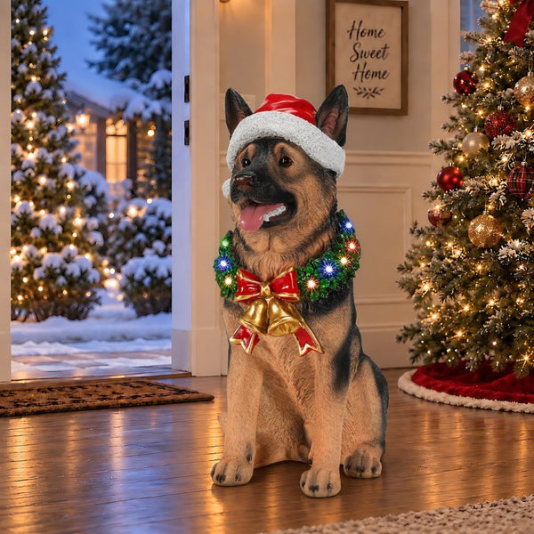 English Elm Lighted German Shepherd Holiday Figurine with LED Wreath Santa Hat and Festive Bells W5398P554212
