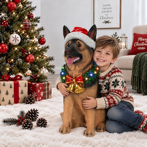 English Elm Lighted German Shepherd Holiday Figurine with LED Wreath Santa Hat and Festive Bells W5398P554212