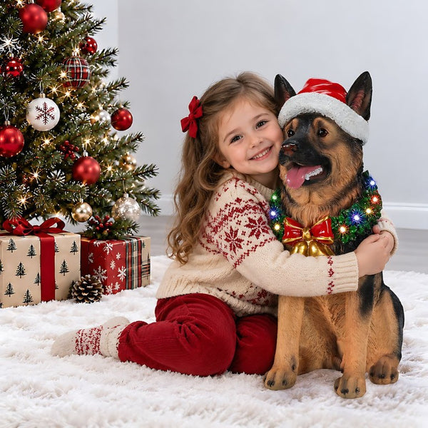 English Elm Lighted German Shepherd Holiday Figurine with LED Wreath Santa Hat and Festive Bells W5398P554212
