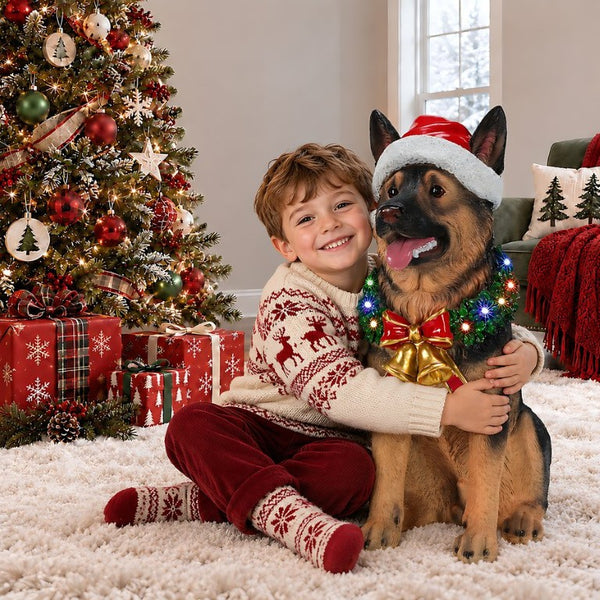 English Elm Lighted German Shepherd Holiday Figurine with LED Wreath Santa Hat and Festive Bells W5398P554212