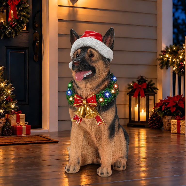 English Elm Lighted German Shepherd Holiday Figurine with LED Wreath Santa Hat and Festive Bells W5398P554212