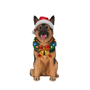 English Elm Lighted German Shepherd Holiday Figurine with LED Wreath Santa Hat and Festive Bells W5398P554212
