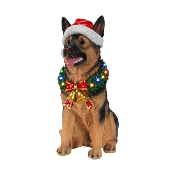English Elm Lighted German Shepherd Holiday Figurine with LED Wreath Santa Hat and Festive Bells W5398P554212