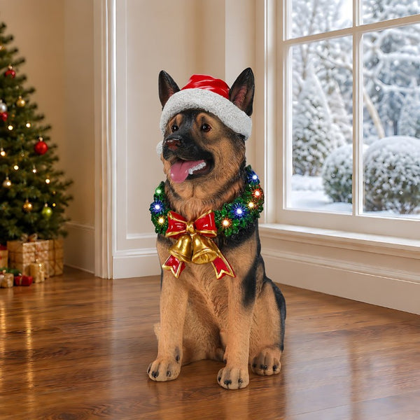 English Elm Lighted German Shepherd Holiday Figurine with LED Wreath Santa Hat and Festive Bells W5398P554212
