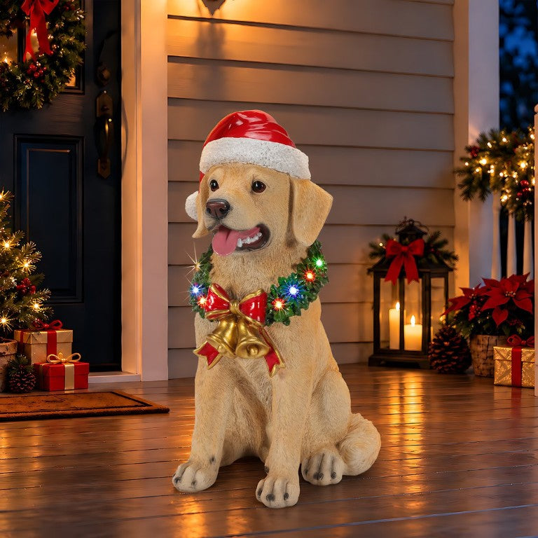English Elm Lighted Golden Labrador Holiday Figurine with LED Wreath Santa Hat Festive Decor Beige W5398P554214