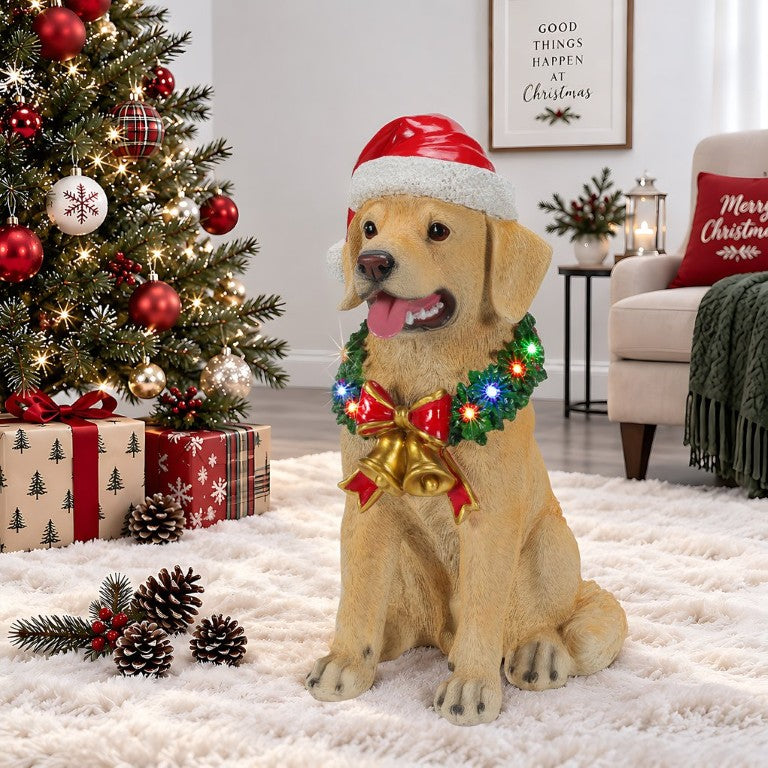 English Elm Lighted Golden Labrador Holiday Figurine with LED Wreath Santa Hat Festive Decor Beige W5398P554214