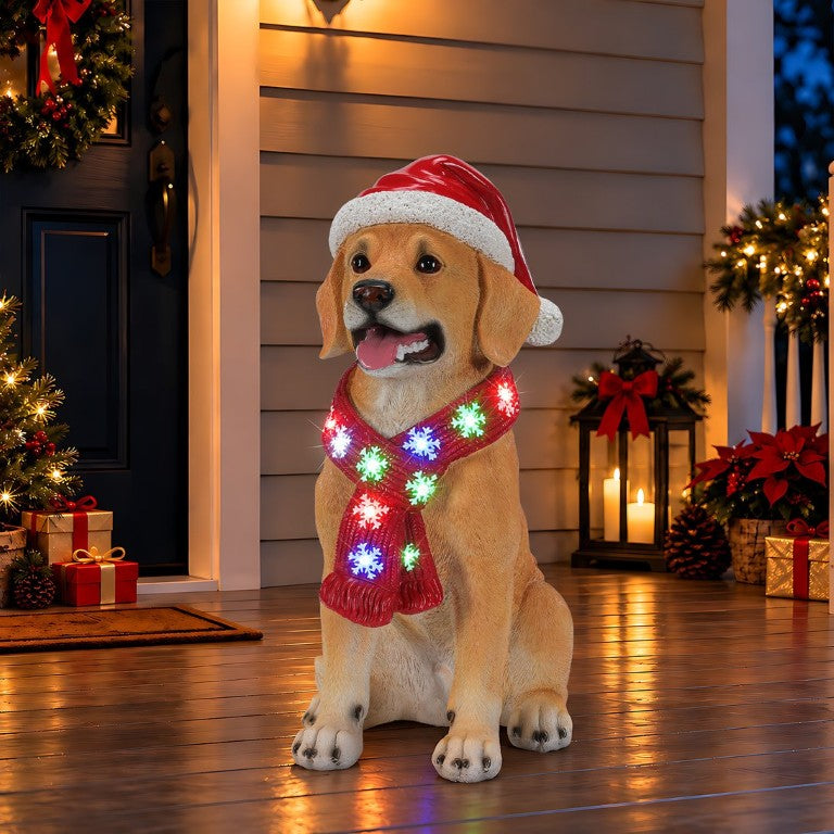 English Elm Lighted Golden Retriever Resin Figurine Santa Hat LED Snowflake Scarf Holiday Statue Beige W5398P554216
