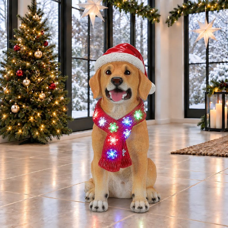 English Elm Lighted Golden Retriever Resin Figurine Santa Hat LED Snowflake Scarf Holiday Statue Beige W5398P554216