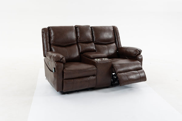 English Elm Artificial Leather Power Reclining Sofa Set with Retro Curves and Matching Coffee Table Brown W547S00111