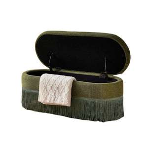 English Elm Oval Linen Storage Ottoman with Fringe Trim Lift Top Hidden Compartment Footrest W5501P500248